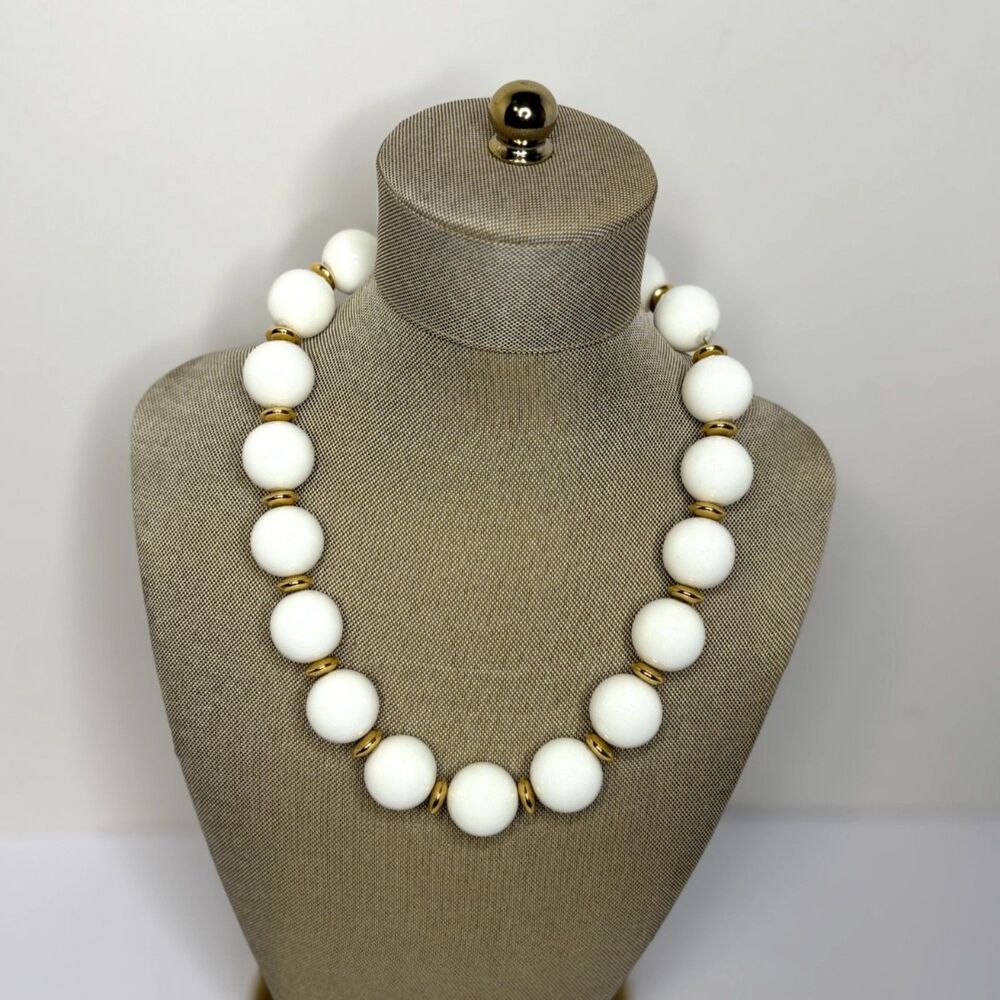 Statement Necklace Beaded White Gold Tone Chunky Fashion Jewelry Womens